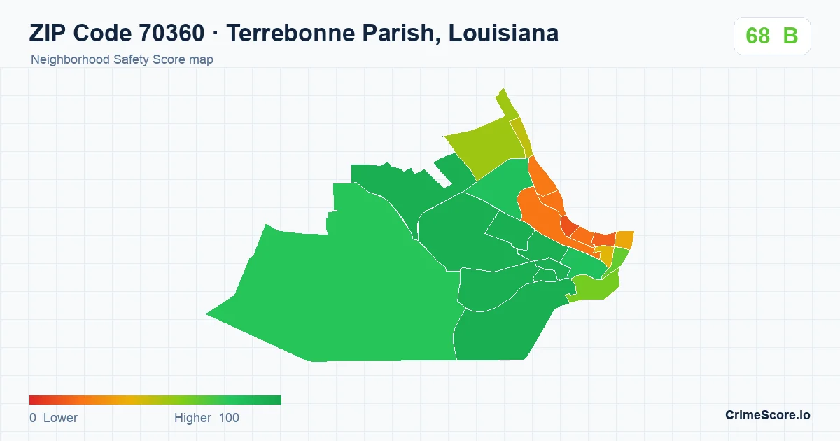 ZIP Code 70360 in Terrebonne Parish, Louisiana neighborhood Safety Score map