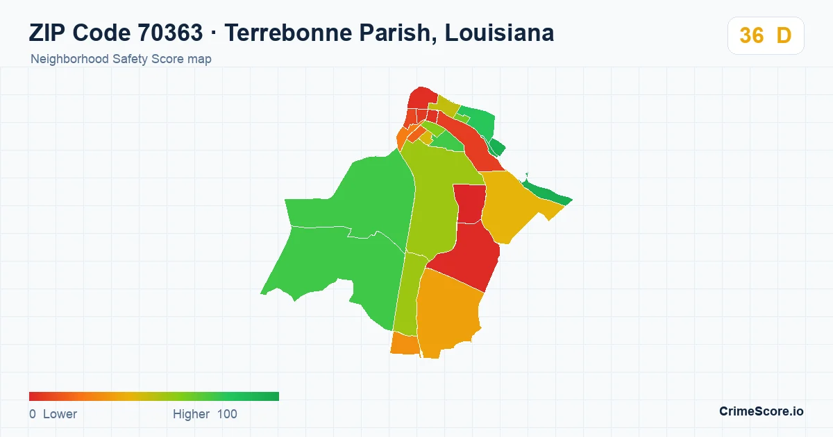 ZIP Code 70363 in Terrebonne Parish, Louisiana neighborhood Safety Score map