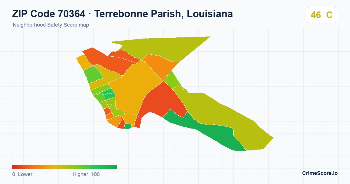 ZIP Code 70364 in Terrebonne Parish, Louisiana neighborhood Safety Score map