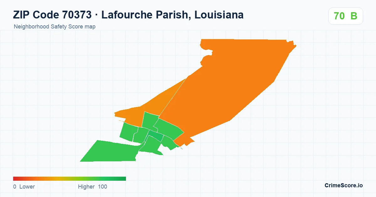 ZIP Code 70373 in Lafourche Parish, Louisiana neighborhood Safety Score map