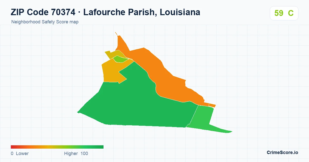ZIP Code 70374 in Lafourche Parish, Louisiana neighborhood Safety Score map