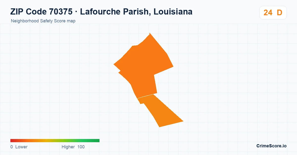 ZIP Code 70375 in Lafourche Parish, Louisiana neighborhood Safety Score map