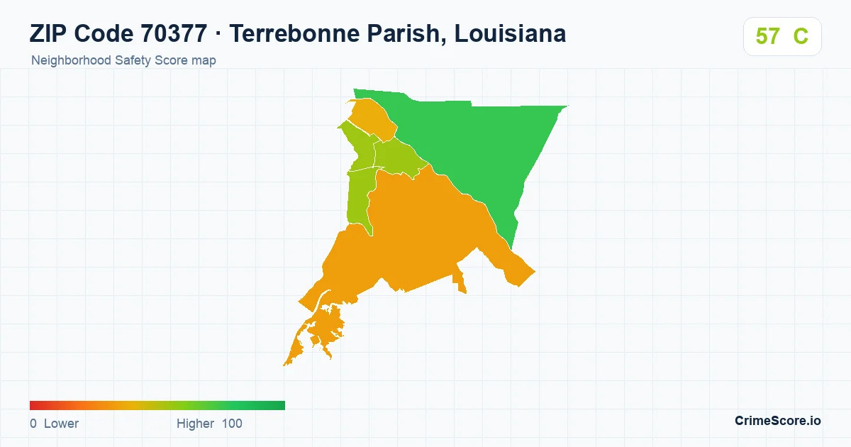 ZIP Code 70377 in Terrebonne Parish, Louisiana neighborhood Safety Score map