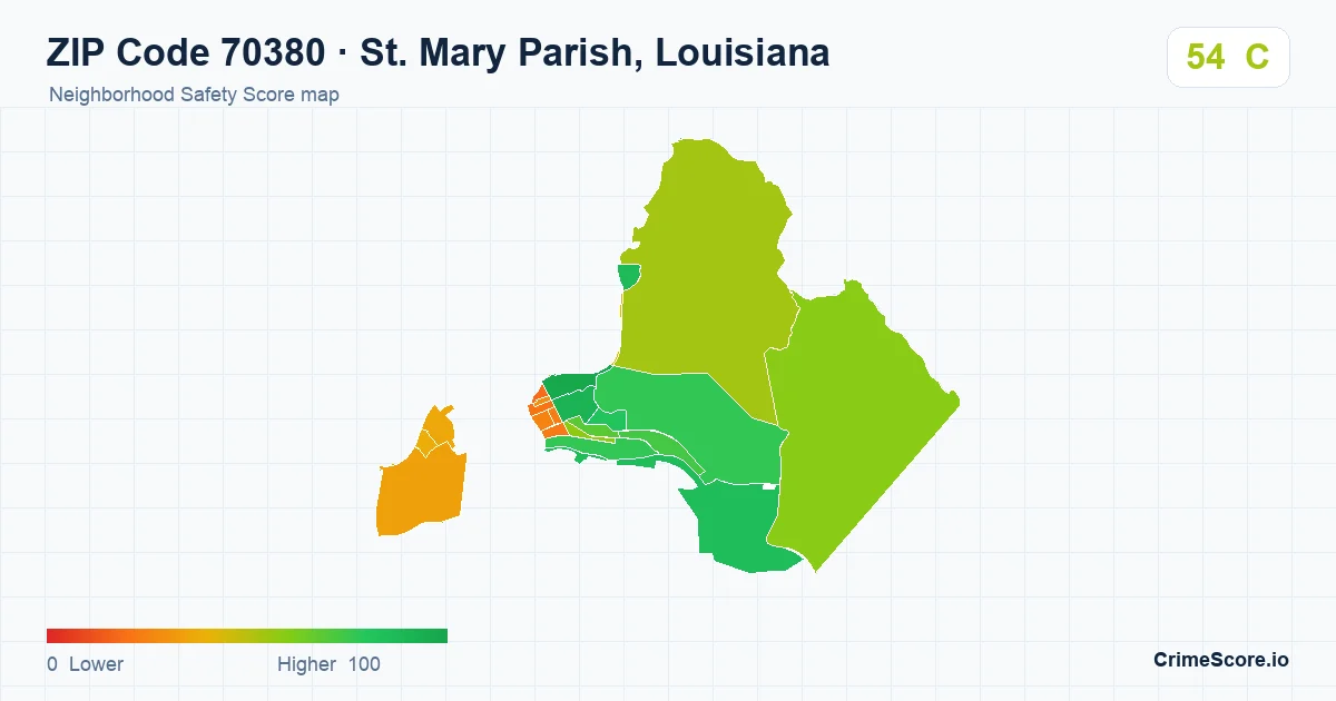 ZIP Code 70380 in St. Mary Parish, Louisiana neighborhood Safety Score map