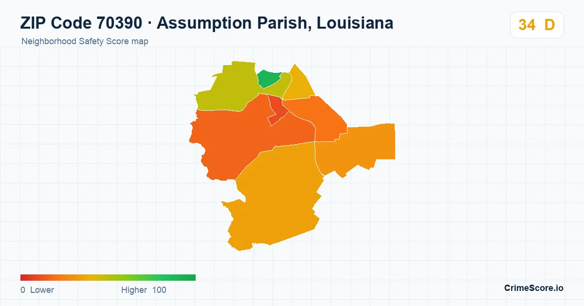 ZIP Code 70390 in Assumption Parish, Louisiana neighborhood Safety Score map