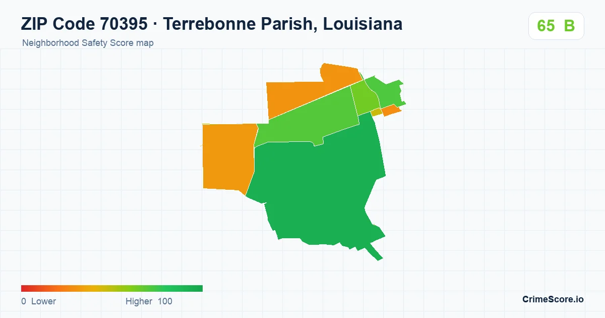 ZIP Code 70395 in Terrebonne Parish, Louisiana neighborhood Safety Score map