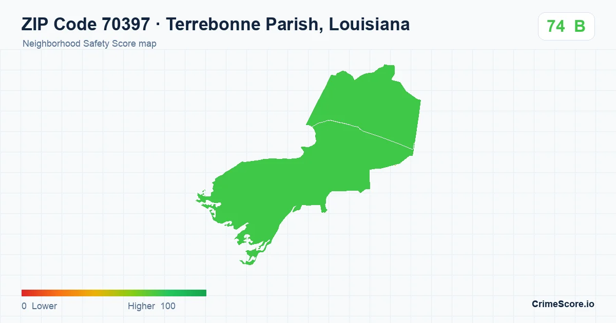 ZIP Code 70397 in Terrebonne Parish, Louisiana neighborhood Safety Score map