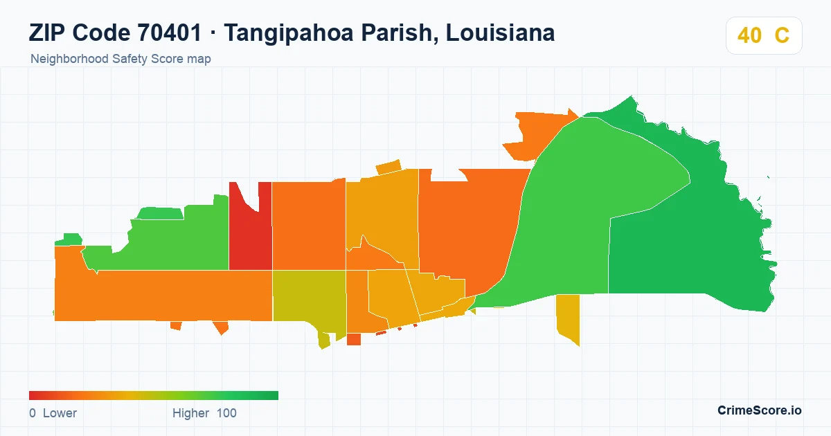 ZIP Code 70401 in Tangipahoa Parish, Louisiana neighborhood Safety Score map