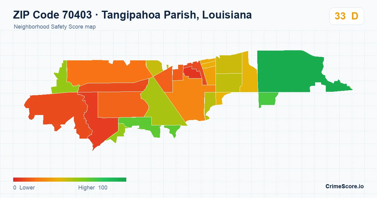 ZIP Code 70403 in Tangipahoa Parish, Louisiana neighborhood Safety Score map