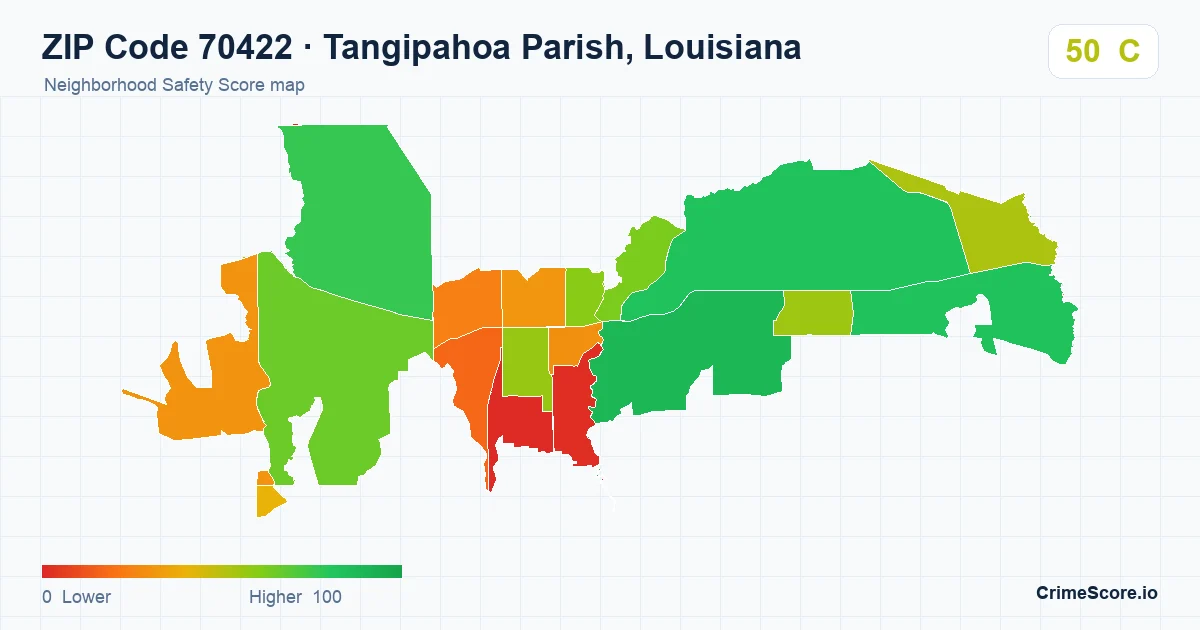 ZIP Code 70422 in Tangipahoa Parish, Louisiana neighborhood Safety Score map