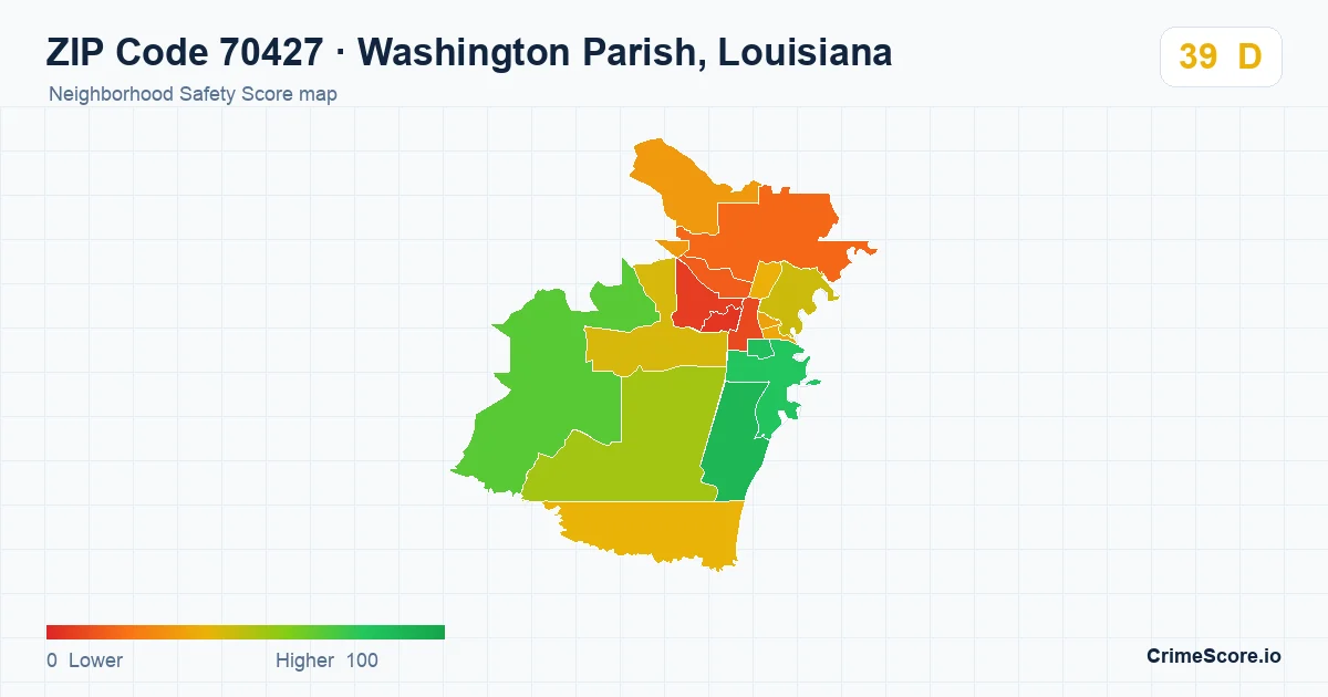 ZIP Code 70427 in Washington Parish, Louisiana neighborhood Safety Score map