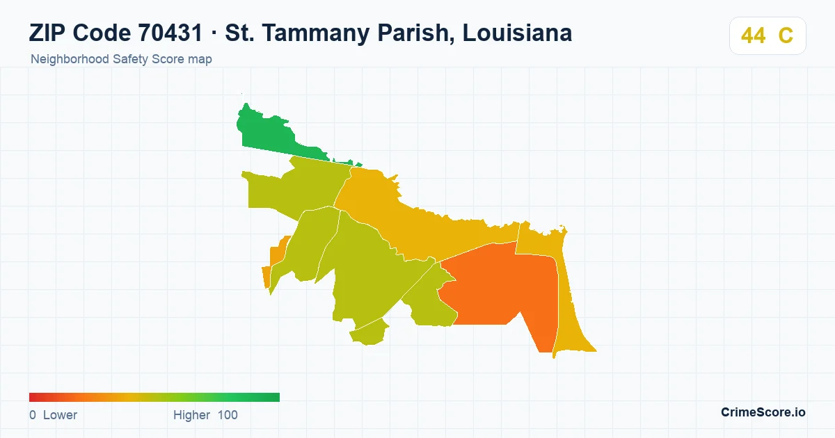 ZIP Code 70431 in St. Tammany Parish, Louisiana neighborhood Safety Score map