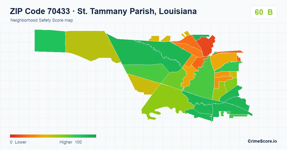 ZIP Code 70433 in St. Tammany Parish, Louisiana neighborhood Safety Score map