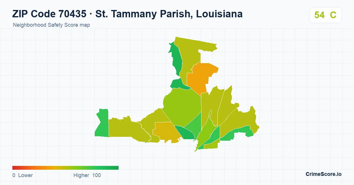 ZIP Code 70435 in St. Tammany Parish, Louisiana neighborhood Safety Score map