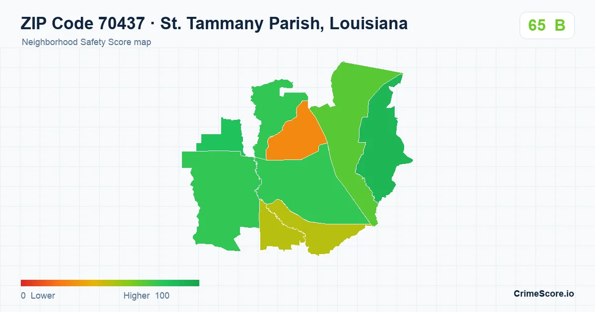 ZIP Code 70437 in St. Tammany Parish, Louisiana neighborhood Safety Score map