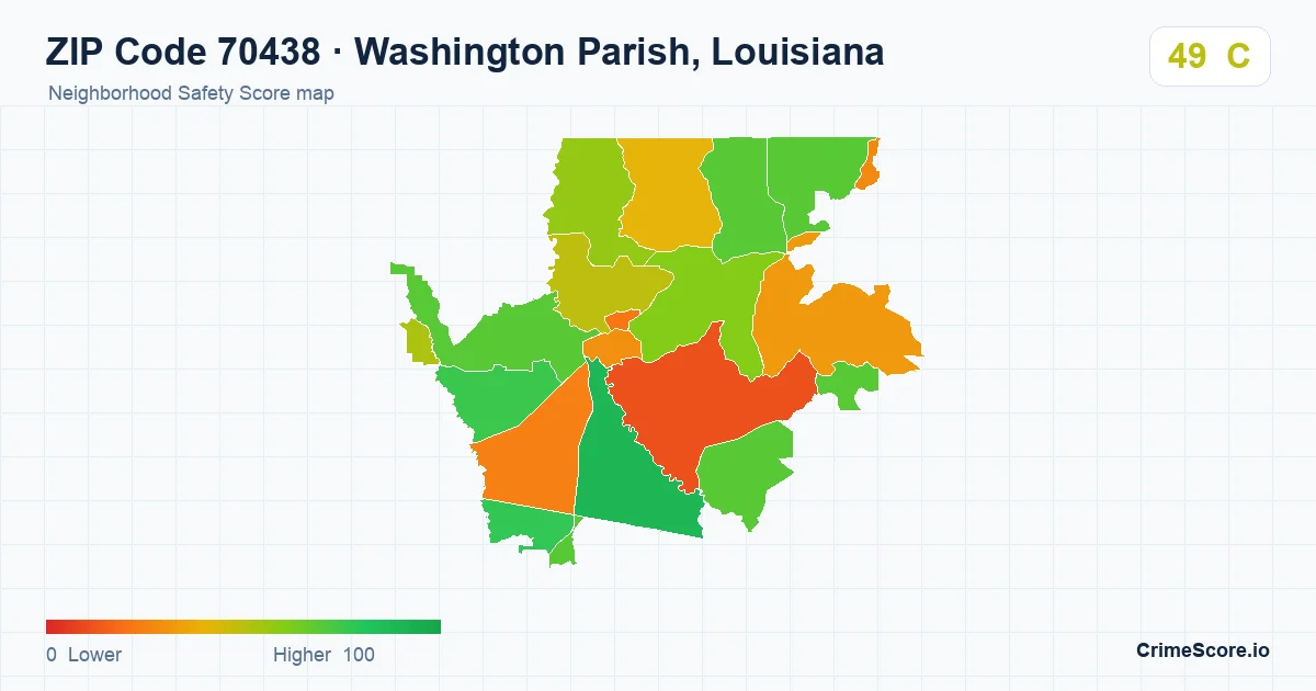ZIP Code 70438 in Washington Parish, Louisiana neighborhood Safety Score map