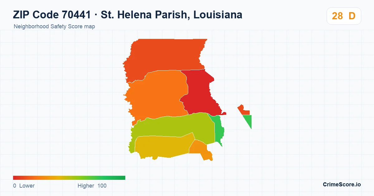 ZIP Code 70441 in St. Helena Parish, Louisiana neighborhood Safety Score map