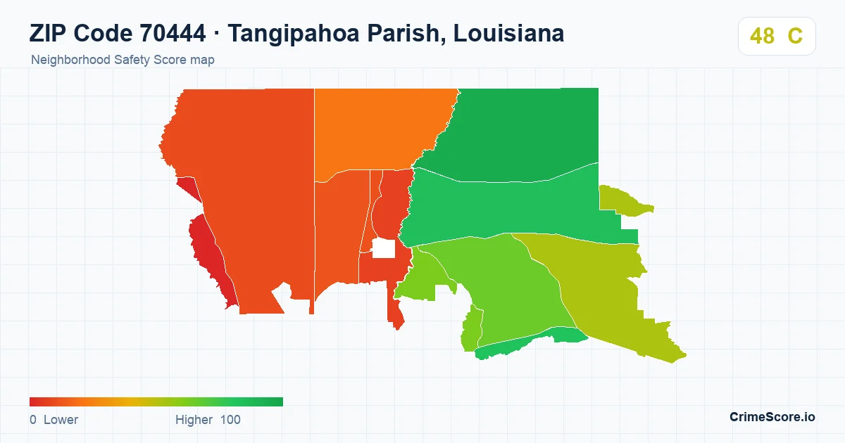 ZIP Code 70444 in Tangipahoa Parish, Louisiana neighborhood Safety Score map