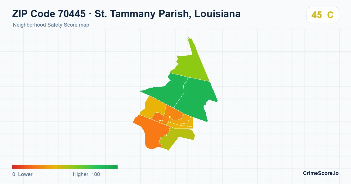ZIP Code 70445 in St. Tammany Parish, Louisiana neighborhood Safety Score map
