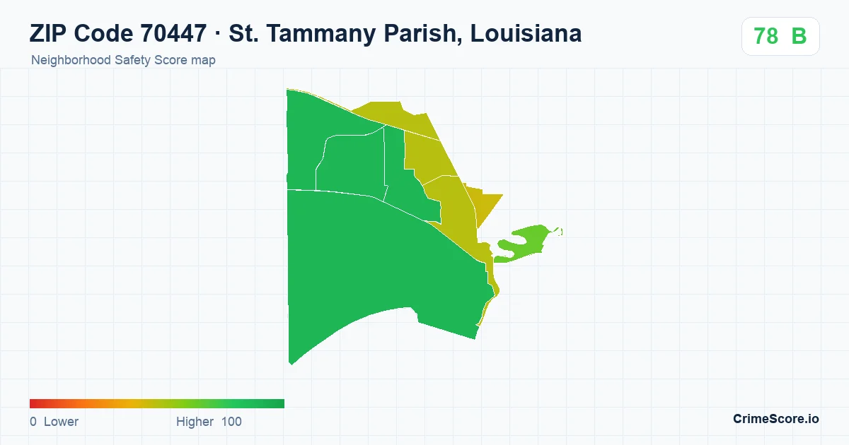 ZIP Code 70447 in St. Tammany Parish, Louisiana neighborhood Safety Score map