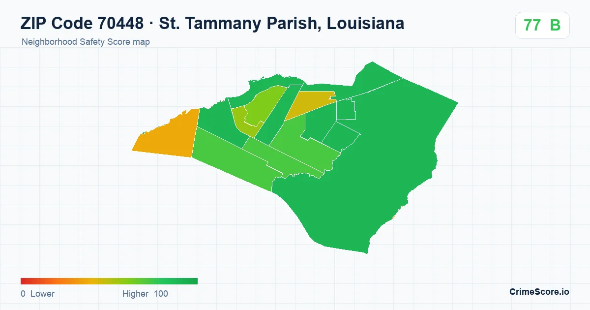 ZIP Code 70448 in St. Tammany Parish, Louisiana neighborhood Safety Score map