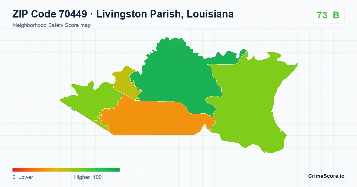 ZIP Code 70449 in Livingston Parish, Louisiana neighborhood Safety Score map