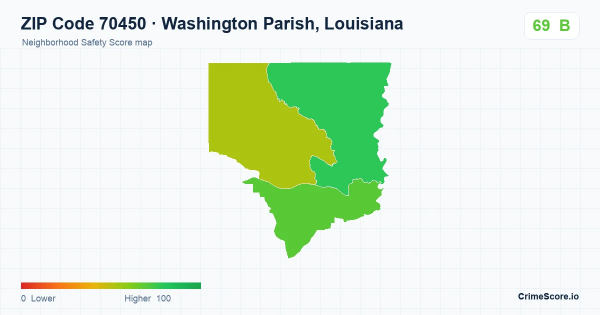 ZIP Code 70450 in Washington Parish, Louisiana neighborhood Safety Score map