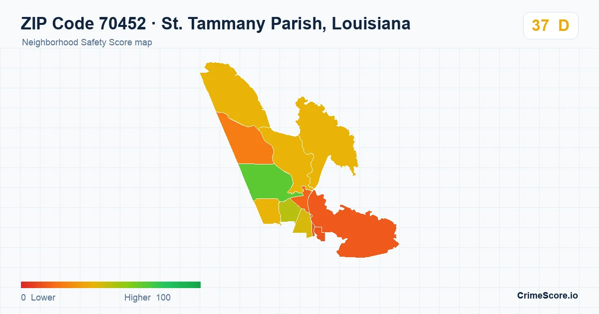ZIP Code 70452 in St. Tammany Parish, Louisiana neighborhood Safety Score map