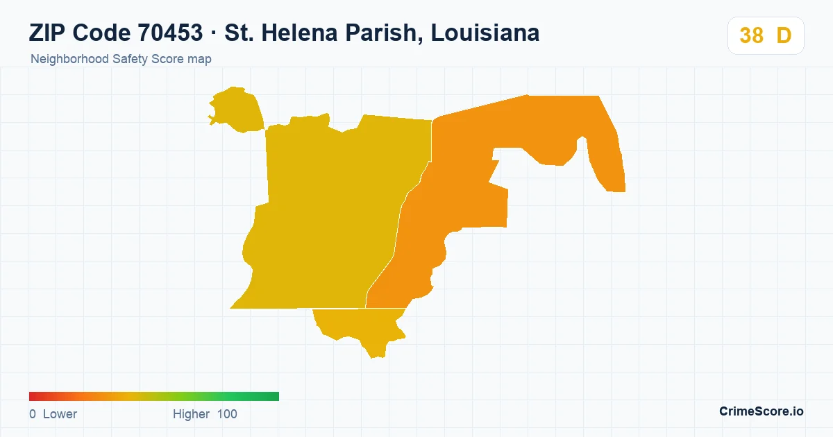 ZIP Code 70453 in St. Helena Parish, Louisiana neighborhood Safety Score map