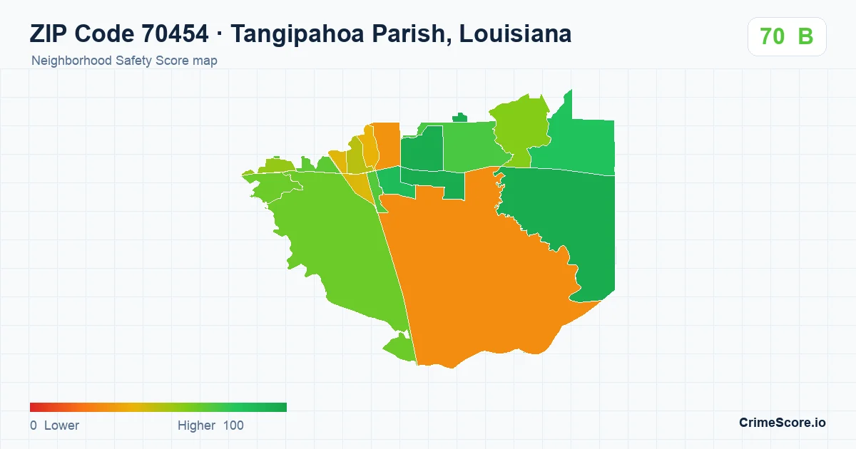ZIP Code 70454 in Tangipahoa Parish, Louisiana neighborhood Safety Score map