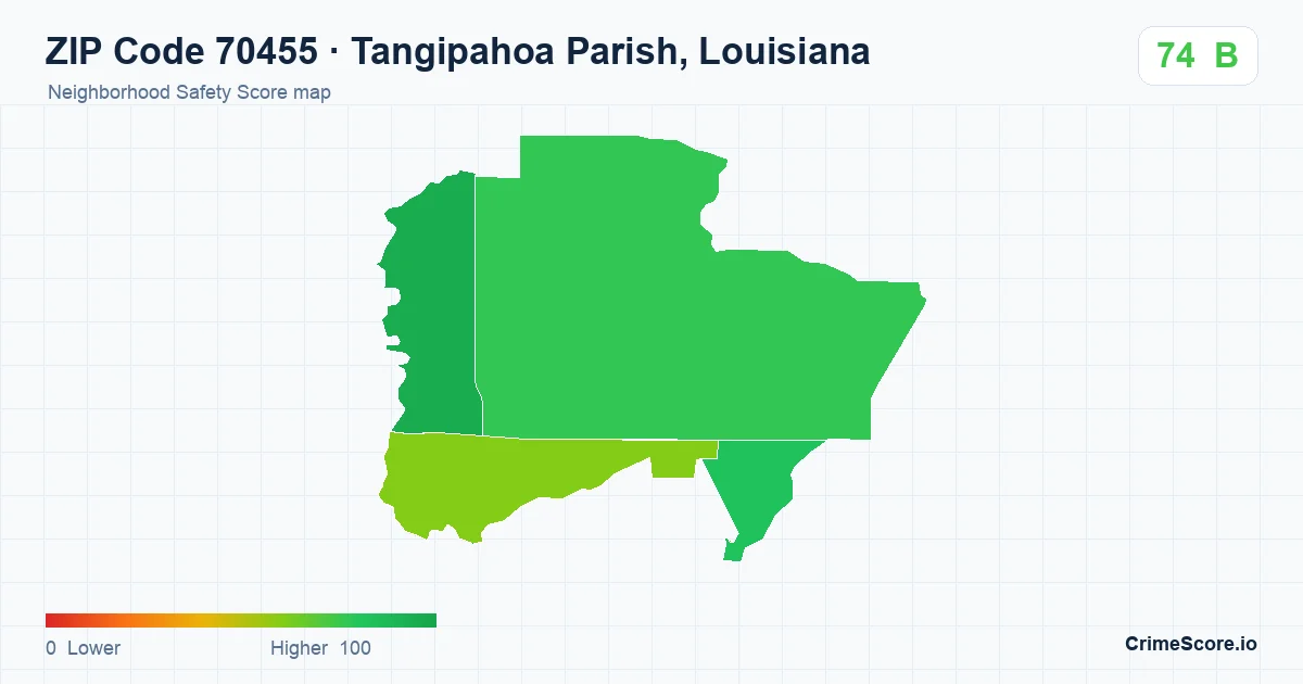 ZIP Code 70455 in Tangipahoa Parish, Louisiana neighborhood Safety Score map