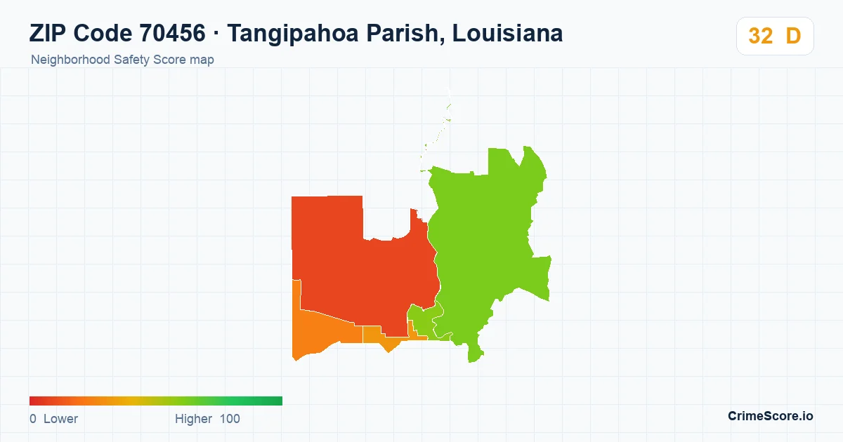 ZIP Code 70456 in Tangipahoa Parish, Louisiana neighborhood Safety Score map