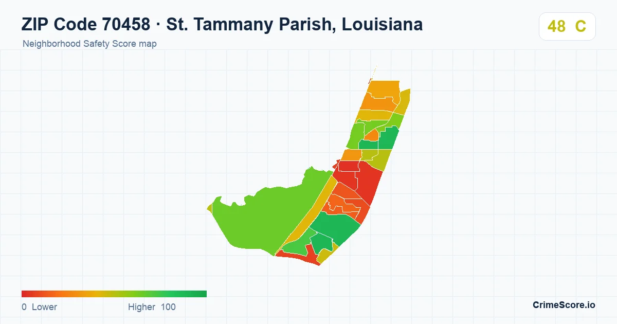 ZIP Code 70458 in St. Tammany Parish, Louisiana neighborhood Safety Score map