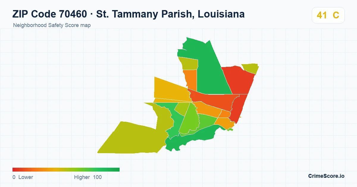 ZIP Code 70460 in St. Tammany Parish, Louisiana neighborhood Safety Score map