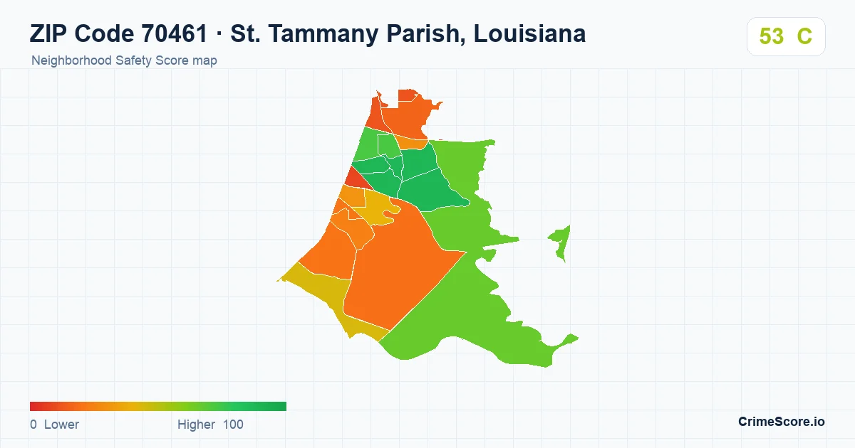 ZIP Code 70461 in St. Tammany Parish, Louisiana neighborhood Safety Score map