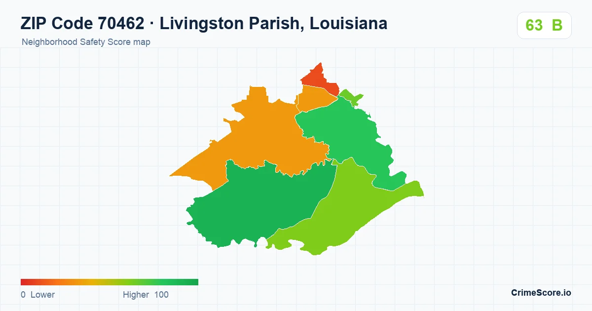 ZIP Code 70462 in Livingston Parish, Louisiana neighborhood Safety Score map