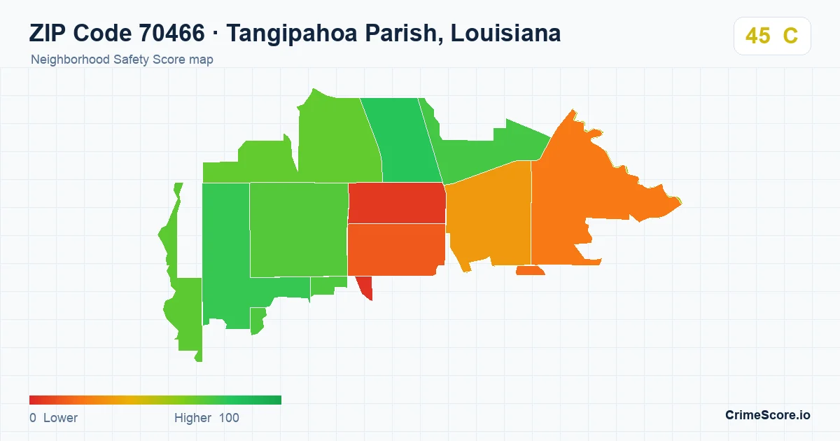 ZIP Code 70466 in Tangipahoa Parish, Louisiana neighborhood Safety Score map