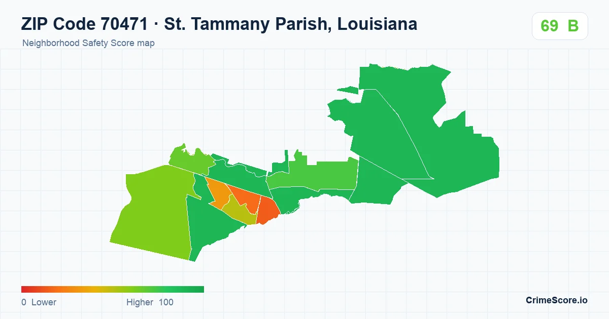 ZIP Code 70471 in St. Tammany Parish, Louisiana neighborhood Safety Score map