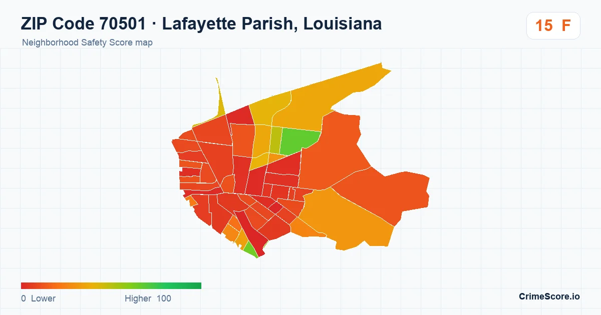ZIP Code 70501 in Lafayette Parish, Louisiana neighborhood Safety Score map