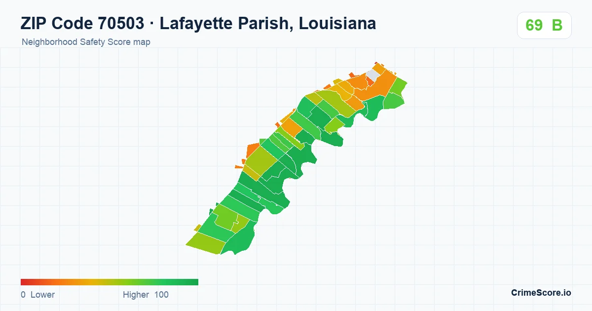 ZIP Code 70503 in Lafayette Parish, Louisiana neighborhood Safety Score map