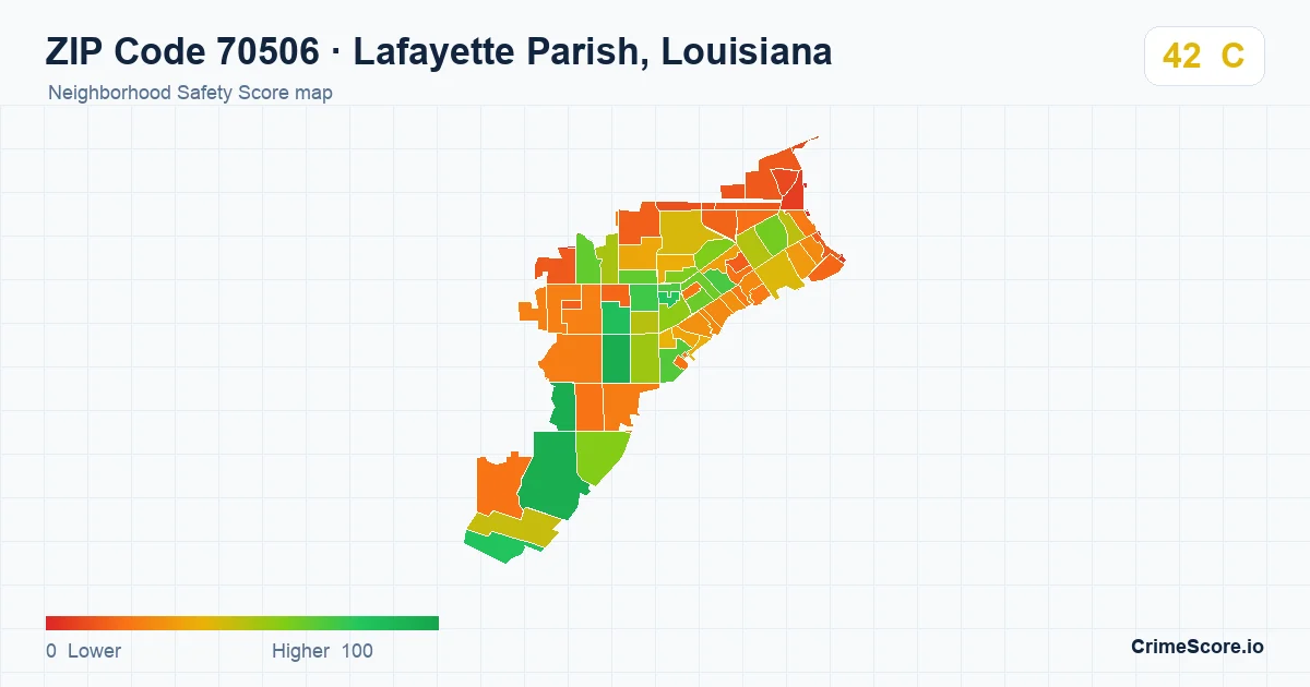 ZIP Code 70506 in Lafayette Parish, Louisiana neighborhood Safety Score map