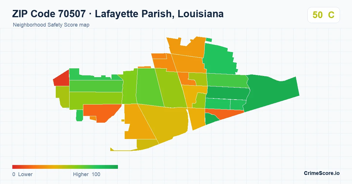 ZIP Code 70507 in Lafayette Parish, Louisiana neighborhood Safety Score map