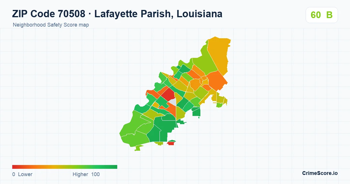 ZIP Code 70508 in Lafayette Parish, Louisiana neighborhood Safety Score map