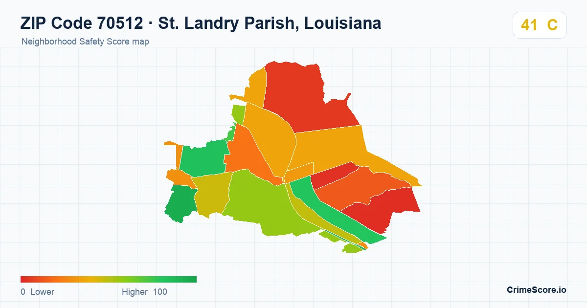 ZIP Code 70512 in St. Landry Parish, Louisiana neighborhood Safety Score map