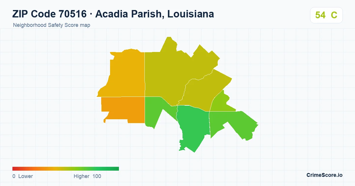 ZIP Code 70516 in Acadia Parish, Louisiana neighborhood Safety Score map