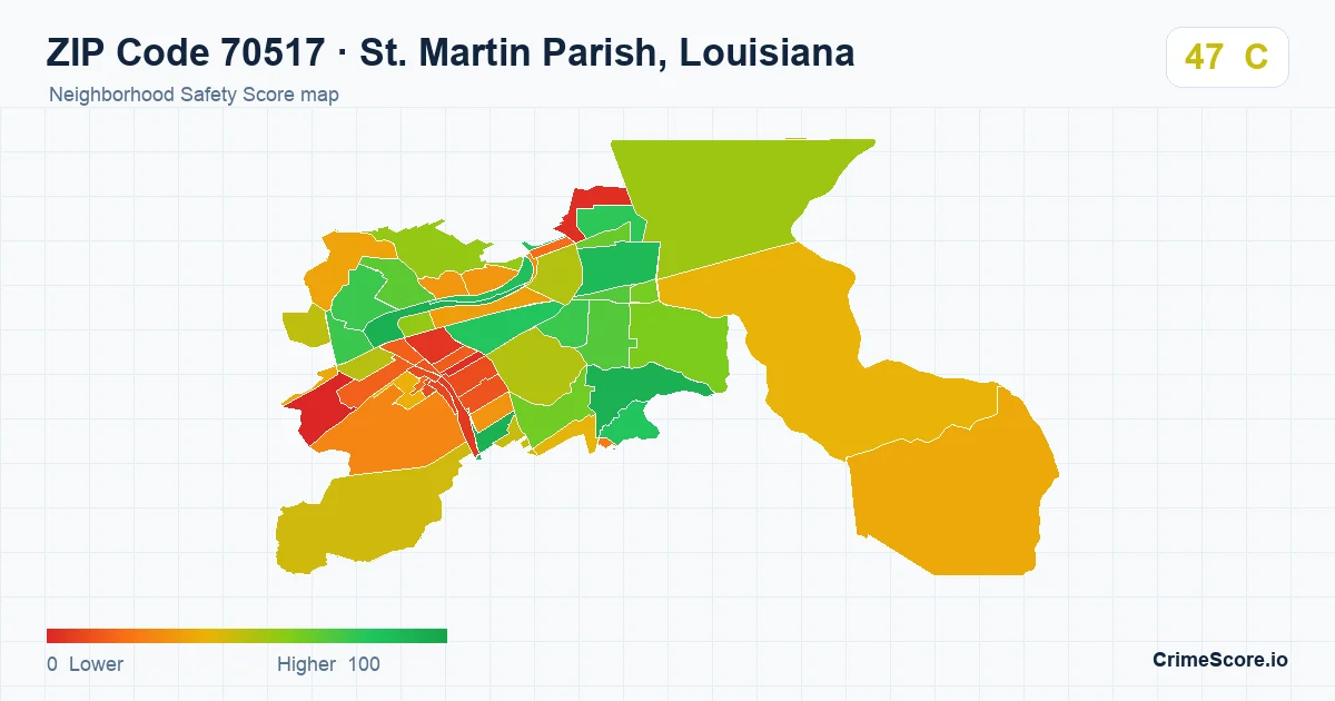 ZIP Code 70517 in St. Martin Parish, Louisiana neighborhood Safety Score map