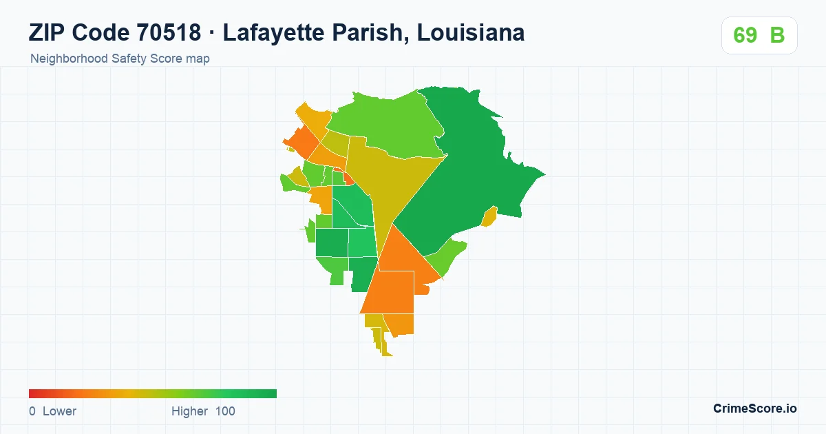 ZIP Code 70518 in Lafayette Parish, Louisiana neighborhood Safety Score map