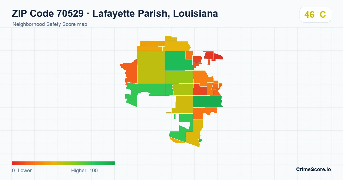 ZIP Code 70529 in Lafayette Parish, Louisiana neighborhood Safety Score map