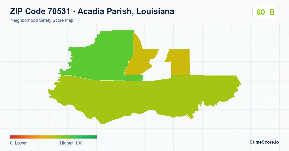 ZIP Code 70531 in Acadia Parish, Louisiana neighborhood Safety Score map