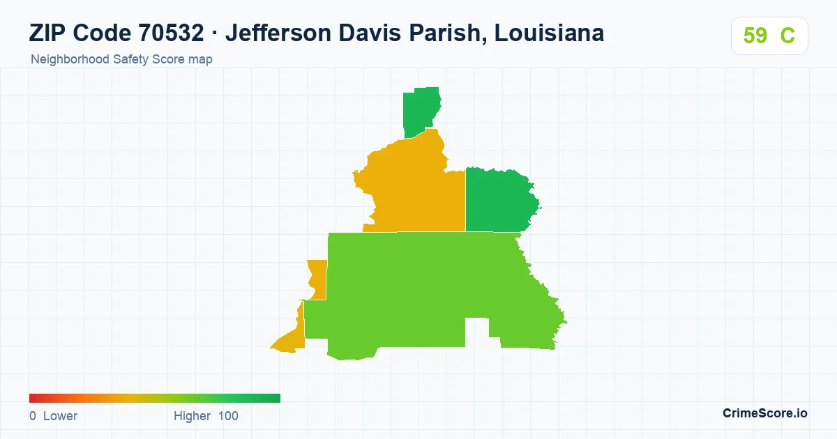 ZIP Code 70532 in Jefferson Davis Parish, Louisiana neighborhood Safety Score map